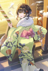 Rule 34 | 1girl, ahoge, arrow (projectile), black hair, blush, commentary request, floral print, geta, green kimono, hair bobbles, hair ornament, highres, holding, holding arrow, japanese clothes, kimono, looking at viewer, new year, obi, open mouth, original, print kimono, sash, shrine, sidelocks, smile, solo, standing, tan (tangent), wide sleeves, winter, yellow eyes
