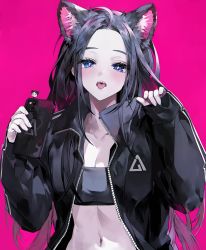 Rule 34 | 1girl, animal ear fluff, animal ears, black hair, black jacket, black tank top, blush, breasts, bright pupils, cat ears, cellphone, cleavage, collarbone, crop top, forehead, highres, holding, holding phone, jacket, long hair, looking at viewer, midriff, muaooooo, nyan, open clothes, open jacket, original, phone, red background, sharp teeth, simple background, tank top, teeth, thighhighs, tongue, tongue out, upper body, very long hair, zipper