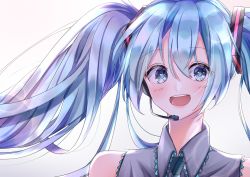 Rule 34 | 1girl, aqua eyes, aqua hair, aqua necktie, bad id, bad twitter id, bare shoulders, commentary, grey shirt, hair ornament, hatsune miku, headphones, headset, highres, lens flare, lips, long hair, looking at viewer, necktie, open mouth, portrait, shirt, sleeveless, sleeveless shirt, smile, solo, twintails, vocaloid, white background, yuyuyu 1011