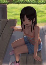 Rule 34 | 1girl, bare shoulders, bench, black hair, brown eyes, child, collarbone, commentary request, day, fence, highres, long hair, open mouth, original, outdoors, parted bangs, pink footwear, ranma (kamenrideroz), shorts, solo, tank top, wooden fence