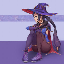 Rule 34 | 1girl, alternate footwear, artist name, black hair, blue hat, detached sleeves, earrings, facing to the side, genshin impact, gloves, hat, highres, jewelry, looking at viewer, mona (genshin impact), nike (company), pantyhose, shoes, sitting, sneakers, solo, sunbandraws, twitter username, witch hat