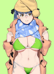 Rule 34 | 1girl, absurdres, bikini, bikini under clothes, blue scarf, bobblehat, breasts, brown coat, brown eyes, brown headwear, cleavage, closed mouth, coat, cowboy shot, glasses, green background, grey hair, highres, large breasts, long sleeves, looking at viewer, navel, onsen tamago (hs egg), open clothes, open coat, opened by self, original, rimless eyewear, scarf, self exposure, side-tie bikini bottom, simple background, smile, solo, standing, string bikini, swimsuit, trench coat