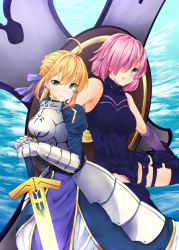 Rule 34 | &gt;:), 2girls, ahoge, armor, armored dress, armpits, artoria pendragon (fate), ayakase riberi, bare shoulders, black legwear, blonde hair, blush, breastplate, breasts, closed mouth, cowboy shot, elbow gloves, excalibur (fate/stay night), fate/grand order, fate (series), faulds, gauntlets, gloves, green eyes, hair over one eye, hair ribbon, highres, holding, holding sword, holding weapon, juliet sleeves, light purple hair, long sleeves, looking at viewer, mash kyrielight, medium breasts, multiple girls, parted lips, puffy sleeves, purple eyes, purple gloves, purple ribbon, ribbon, saber (fate), shield, short hair, sword, thighhighs, v-shaped eyebrows, weapon
