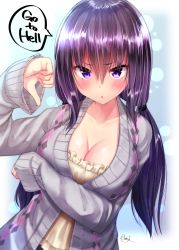 Rule 34 | 1girl, arm under breasts, arm up, blush, breast hold, breasts, cleavage, collarbone, english text, fingernails, grey jacket, hair between eyes, jacket, large breasts, long hair, looking at viewer, low twintails, mokufuu, nail polish, open clothes, open jacket, original, parted lips, pink nails, purple eyes, purple hair, sidelocks, signature, solo, thumbs down, twintails, upper body, very long hair