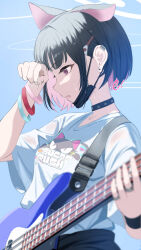 Rule 34 | 1girl, animal ears, black choker, black hair, black mask, blue archive, breasts, cat ears, choker, electric guitar, ev (dai00888), extra ears, guitar, halo, highres, instrument, kazusa (band) (blue archive), kazusa (blue archive), mask, mask pull, medium breasts, mouth mask, official alternate costume, open mouth, pink halo, red eyes, shirt, short hair, short sleeves, solo, upper body, white shirt