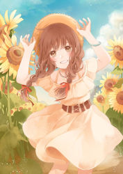 Rule 34 | 1girl, :d, bad id, bad pixiv id, blue sky, blush, bracelet, braid, brown eyes, brown hair, cloud, commentary request, cowboy shot, cropped legs, day, dress, flower, hair ribbon, hands on headwear, hat, jewelry, long hair, looking at viewer, millcutto, open mouth, original, red ribbon, ribbon, sky, smile, solo, sun hat, sundress, sunflower, tress ribbon, twin braids, yellow dress