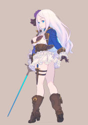 Rule 34 | 1girl, beige background, blue eyes, boots, breasts, brown footwear, brown gloves, cleavage, closed mouth, commentary request, enkyo yuuichirou, flower, from side, full body, gloves, hair flower, hair ornament, highres, holding, holding sword, holding weapon, knife, leather, leather boots, long hair, looking at viewer, original, parted bangs, purple flower, rapier, sheath, sheathed, silva (enkyo yuuichirou), simple background, skirt, solo, standing, sword, thigh strap, weapon, white hair