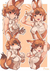 Rule 34 | 1girl, ^^^, absurdres, anger vein, animal ear fluff, animal ears, animal nose, arm up, armpits, bare arms, bare shoulders, body fur, border, breast pocket, brown eyes, brown fur, brown hair, closed mouth, cropped torso, dated, dhole (kemono friends), dog ears, dog girl, dog tail, empty eyes, extra ears, furrification, furry, furry female, gloves, half-closed eye, hand to forehead, hand up, hands up, highres, iparupua, kemono friends, light brown hair, looking at viewer, medium hair, multicolored fur, multicolored hair, multiple views, open mouth, outside border, paw pose, pocket, puff of air, shaded face, shirt, sidelocks, sleeping, sleeveless, sleeveless shirt, snout, squeans, tail, tearing up, upper body, v-shaped eyebrows, white border, yawning