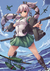 Rule 34 | 10s, 1girl, absurdres, aircraft, arched back, blue sky, boots, breasts, buttons, cannon, cloud, day, green eyes, green skirt, hair flaps, hair ornament, hair ribbon, highres, kantai collection, knee boots, kuroboshi roki, long hair, looking at viewer, machinery, medium breasts, ocean, pink hair, pleated skirt, ponytail, ribbon, school uniform, serafuku, short sleeves, side ponytail, skirt, sky, smile, solo, turret, very long hair, yura (kancolle)