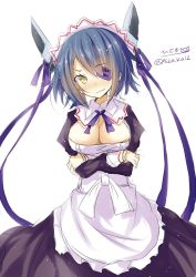 Rule 34 | 10s, 1girl, alternate costume, apron, artist name, blue hair, blush, breast rest, breasts, cat, cleavage, cleavage cutout, clothing cutout, commentary request, crossed arms, dress, enmaided, eyepatch, female focus, hairband, headgear, highres, hizaka, kantai collection, large breasts, looking at viewer, maid, maid apron, maid headdress, necktie, ribbon, short hair, skirt, solo, tenryuu (kancolle), translation request, twitter username, uniform, white background, yellow eyes