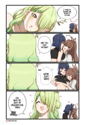 Rule 34 | 3girls, 4koma, anyacchi, bare shoulders, breasts, brown hair, ceres fauna, comic, earrings, grabbing, grabbing another&#039;s breast, grabbing from behind, green hair, groping, hair over one eye, heart, highres, hololive, hololive english, jewelry, kiss, large breasts, long hair, multiple girls, nanashi mumei, ouro kronii, short hair, smile, speech bubble, underboob, virtual youtuber, yellow eyes, yuri