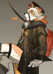 Rule 34 | 1boy, arknights, black coat, black collar, black headwear, black socks, clenched teeth, coat, collar, colored tips, commentary, english commentary, fur-trimmed coat, fur trim, furry, furry male, gloves, gradient background, grey background, highres, horns, hung (arknights), hung (just a driver) (arknights), komainu boy, komainu ears, komainu tail, leash, legwear garter, looking at viewer, male focus, milkybot, multicolored hair, muzzle, no pants, official alternate costume, single horn, sitting, socks, teeth, white gloves, yellow eyes
