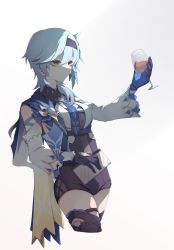 Rule 34 | 1girl, absurdres, black hairband, black shirt, black shorts, black thighhighs, blue gloves, blue hair, blue vest, breasts, cowboy shot, cup, detached sleeves, drinking glass, eula (genshin impact), genshin impact, gloves, grey background, hair between eyes, hairband, highres, holding, holding cup, if f, medium breasts, shirt, short hair, shorts, simple background, solo, thighhighs, vest, white sleeves, wine glass, yellow eyes
