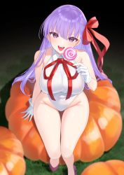 Rule 34 | 1girl, bare shoulders, bb (fate), bb (fate) (all), bb (swimsuit mooncancer) (fate), bb (swimsuit mooncancer) (third ascension) (fate), blush, breasts, candy, covered navel, fate/grand order, fate (series), food, gloves, hair ribbon, highleg, highleg leotard, highres, large breasts, leotard, lollipop, long hair, looking at viewer, neck ribbon, open mouth, pumpkin, purple eyes, purple hair, red ribbon, ribbon, sitting, smile, solo, swirl lollipop, thigh gap, thighs, tongue, very long hair, white gloves, white leotard, yamamura umi