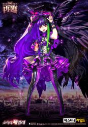 Rule 34 | 1girl, arm behind back, black hair, black wings, bow, breasts, destiny child, fishnets, frilled skirt, frills, green hair, hair bow, looking at viewer, multicolored clothes, multicolored hair, multicolored legwear, navel, pointing, pointing up, purple hair, red eyes, semele (destiny child), skirt, small breasts, star (symbol), wings