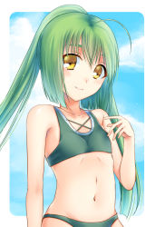 Rule 34 | 1girl, a k 1, ahoge, bad id, bad pixiv id, bikini, blush, day, flat chest, flower knight girl, green hair, hand up, long hair, looking at viewer, mint (flower knight girl), navel, outdoors, smile, solo, standing, swimsuit, yellow eyes