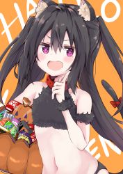 Rule 34 | + +, 1girl, amano kouki, animal ear fluff, animal ears, text background, bare shoulders, black hair, black panties, bow, cat ears, cat girl, cat tail, collar, commentary request, fang, hair between eyes, halloween, halloween bucket, hand up, highres, index finger raised, long hair, navel, note-chan, open mouth, orange background, original, panties, purple eyes, red bow, red collar, sleeveless, solo, tail, tail bow, tail ornament, tail raised, two side up, underwear, upper body, very long hair