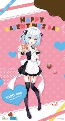 Rule 34 | 1000-chan, 1girl, apron, artist name, black footwear, black thighhighs, character name, chocolate, copyright name, full body, happy valentine, heart, highres, kanora, looking at viewer, maid, maid apron, maid headdress, oizumi, open mouth, purple eyes, short hair, smile, solo, star (symbol), symbol-shaped pupils, thighhighs