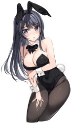 Rule 34 | 1girl, :o, animal ears, bare arms, bare shoulders, black hair, black leotard, blue eyes, bow, bowtie, breasts, cleavage, covered navel, cropped legs, detached collar, fake animal ears, fake tail, grey pantyhose, groin, hair ornament, hairband, hairclip, large breasts, leotard, long hair, looking at viewer, no bra, oryo (oryo04), pantyhose, parted lips, playboy bunny, rabbit ears, rabbit tail, sakurajima mai, seishun buta yarou, simple background, solo, strapless, strapless leotard, tail, white background, wrist cuffs