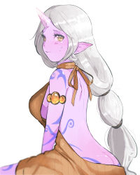 Rule 34 | 1girl, armlet, ass, backless outfit, bad id, bad pixiv id, blush, breasts, brown eyes, colored skin, horns, league of legends, long hair, looking at viewer, meme attire, mnb@egaragamaigo, pointy ears, ponytail, purple skin, single horn, sitting, solo, soraka (league of legends), sweatdrop, tattoo, virgin killer sweater, white hair