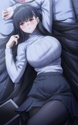 Rule 34 | 1girl, absurdres, arm up, black hair, black pantyhose, black skirt, blue archive, blush, breasts, gileu, hair ornament, halo, highres, large breasts, long hair, long sleeves, looking at viewer, lying, on back, pantyhose, parted lips, pleated skirt, red eyes, rio (blue archive), skirt, solo, sweater, sweater tucked in, turtleneck, turtleneck sweater, white sweater