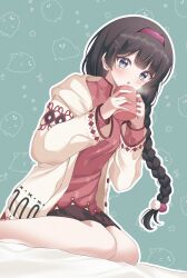 Rule 34 | 1girl, :o, animal print, black skirt, blue eyes, blush, brown hair, collared shirt, cup, dot nose, feet out of frame, futaba nanami, green background, hair intakes, hair ornament, hairband, hairpin, highres, holding, holding cup, hood, hood down, hooded jacket, jacket, long hair, long sleeves, looking at viewer, low-braided long hair, low-tied long hair, miniskirt, mug, nijisanji, open clothes, open jacket, open mouth, outline, print shirt, rabbit print, red hairband, red shirt, shirt, sidelocks, simple background, sitting, skirt, solo, steam, tsukino mito, virtual youtuber, wariza, white jacket, white outline