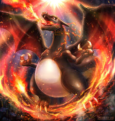Rule 34 | alternate color, breath weapon, breathing fire, charizard, claws, commentary request, creatures (company), dated, dragon, fangs, fire, game freak, gen 1 pokemon, kumaoka pon, looking up, nintendo, no humans, open mouth, pokemon, pokemon (creature), red eyes, shiny pokemon, solo, tongue, watermark