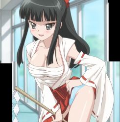 Rule 34 | 1girl, black hair, breasts, cleavage, grey eyes, grey hair, hair ribbon, hand on own hip, highres, japanese clothes, large breasts, leaning forward, looking at viewer, mai kagura, miko, open mouth, panties, ponytail, r-15 (series), ribbon, sarashi, screencap, stitched, thighhighs, thighs, third-party edit, underwear