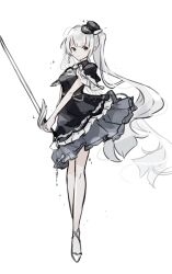 Rule 34 | 1girl, absurdres, black dress, black footwear, black hat, breasts, closed mouth, dress, full body, grey eyes, grey hair, hat, highres, holding, holding sword, holding weapon, long hair, looking at viewer, medium breasts, mini hat, miyu (miy u1308), original, peaked cap, shoes, short sleeves, simple background, solo, standing, sword, tilted headwear, twintails, very long hair, weapon, white background
