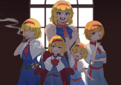 Rule 34 | 5girls, absurdres, alice margatroid, arm under breasts, ascot, black gloves, blonde hair, blue dress, blue eyes, blush, bow, bowtie, breasts, capelet, cigarette, closed eyes, closed mouth, collared capelet, commentary request, cookie (touhou), dress, feet out of frame, fingerless gloves, flat chest, frilled ascot, frilled hairband, frills, gloves, hairband, highres, hinase (cookie), ichigo (cookie), jigen (cookie), looking at viewer, medium breasts, multiple girls, necktie, open mouth, red bow, red bowtie, red hairband, red necktie, red sash, sakuranbou (cookie), sash, sharp teeth, short hair, sitting, sleeveless, sleeveless dress, smile, smoke, smoking, taisa (cookie), teeth, touhou, tsugumi amon, white capelet, window