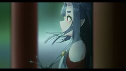 Rule 34 | 1girl, bare shoulders, black hair, blurry, blurry background, blurry foreground, commentary request, day, depth of field, from side, highres, horns, kuro kosyou, letterboxed, long hair, oni, oni horns, original, outdoors, pointy ears, profile, red eyes, short eyebrows, solo, thick eyebrows, torii