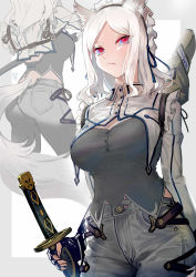 Rule 34 | 1girl, animal ears, ass, black gloves, breasts, denim, fang, fang out, fingerless gloves, gloves, highres, holding, holding sword, holding weapon, jeans, katana, maid headdress, medium hair, multiple views, original, pants, parted bangs, red eyes, sheatehd, slit pupils, sword, tail, walzrj, weapon, wendy (walzrj), white hair, wolf ears, wolf tail