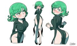 Rule 34 | 1girl, absurdres, ass, black dress, black footwear, blush, breasts, closed mouth, commentary, curly hair, dress, flying sweatdrops, full body, green eyes, green hair, hands on own cheeks, hands on own face, highres, maydaykiki, medium breasts, multiple views, nose blush, one-punch man, open mouth, simple background, standing, sweatdrop, tatsumaki, white background
