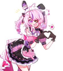 Rule 34 | :d, animal ears, black gloves, blush, chinese commentary, drill hair, fake animal ears, gloves, heart, heart hands, long hair, looking at viewer, maria marionette, maria marionette (2nd costume), multicolored hair, musical note, nijisanji, nijisanji en, notice lines, open mouth, pink eyes, pink hair, rabbit ears, smile, spoken heart, streaked hair, twin drills, virtual youtuber, yezi88625525