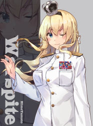 Rule 34 | 1girl, alternate costume, blonde hair, blue eyes, braid, breast pocket, breasts, character name, crown, french braid, highres, himeyamato, jacket, kantai collection, large breasts, long hair, long sleeves, military, military uniform, mini crown, one eye closed, pants, pocket, solo, two side up, uniform, warspite (kancolle), white jacket, white pants, white uniform