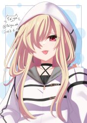 Rule 34 | 1girl, 2023, 9-nine-, :p, arm at side, black choker, blonde hair, choker, closed mouth, commentary request, dated, enpera, eyelashes, eyes visible through hair, frown, ghost (9-nine-), hair over one eye, hand up, highres, hood, hood up, hoodie, long hair, looking at viewer, one eye covered, red eyes, scarf, signature, simple background, sleeves past wrists, solo, taiga sb, tongue, tongue out, twitter username, upper body, white background, white hoodie, zipper