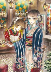 Rule 34 | 2girls, absurdres, alcohol, apron, bottle, braid, brown eyes, brown hair, coffee, counter, cup, floral print, flower, gloves, hair flower, hair ornament, hanging light, highres, indoors, japanese clothes, kimono, long hair, looking at viewer, maid, maid headdress, multiple girls, original, painting (medium), pale skin, plant, polka dot, poster (object), remon (10112), saucer, standing, stool, striped, thermometer, traditional media, twin braids, wa maid, watercolor (medium), white gloves, yukata