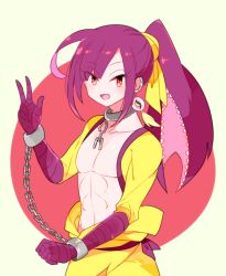 Rule 34 | 1boy, :d, abs, ahoge, bandages, broken, broken chain, chain, collar, creatures (company), cuffs, earrings, game freak, gen 3 pokemon, hand up, handcuffs, jewelry, male focus, mawile, mega stone, monster boy, nintendo, open mouth, parted bangs, personification, pokemon, ponytail, purple hair, red eyes, sidelocks, simple background, smile, solo, standing, trap, yuzu ichika