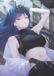 Rule 34 | 1girl, arm up, armpits, bare arms, bare shoulders, black gloves, black shirt, blue archive, blue hair, breasts, crop top, gloves, hair between eyes, half-closed eyes, halo, harlow garden, highres, large breasts, long hair, looking at viewer, navel, off shoulder, parted lips, saori (blue archive), shirt, sleeveless, sleeveless shirt, solo, stomach, twitter username, upper body
