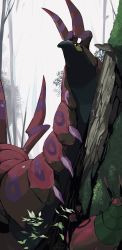 Rule 34 | bug, commentary request, creatures (company), day, fog, forest, game freak, gen 5 pokemon, highres, leaf, looking up, moss, nature, nintendo, no humans, outdoors, pokemon, pokemon (creature), scolipede, tree, venipede, yellow eyes, yunimaru