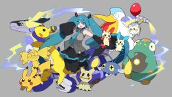 Rule 34 | 1girl, air balloon (pokemon), ampharos, balloon, bellibolt, black footwear, black sleeves, blue eyes, blue hair, blue necktie, boots, chinchou, commentary request, creatures (company), detached sleeves, electricity, feet up, floating, full body, game freak, gen 1 pokemon, gen 2 pokemon, gen 3 pokemon, gen 6 pokemon, gen 7 pokemon, grey background, grey shirt, hair ornament, hand up, hatsune miku, helioptile, highres, long hair, looking at viewer, midriff peek, mimikyu, minun, miraidon, navel, necktie, nintendo, nukunuku nigirimeshi, pelipper, pikachu, pleated skirt, plusle, pokemon, pokemon (creature), project voltage, shirt, shoulder tattoo, simple background, skirt, sleeveless, sleeveless shirt, sleeves past fingers, sleeves past wrists, smile, solo, tattoo, thigh boots, tie clip, togedemaru, twintails, very long hair, vocaloid