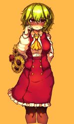 Rule 34 | absurdres, ascot, blush, closed mouth, commentary, flower, green hair, highres, kazami yuuka, long sleeves, looking at viewer, orange background, rampa93, red eyes, red skirt, red vest, shirt, short hair, simple background, skirt, sunflower, touhou, vest, white shirt, yellow ascot