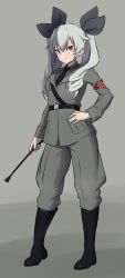 Rule 34 | 1girl, anchovy (girls und panzer), anzio military uniform, belt, black belt, black footwear, black necktie, black ribbon, black shirt, boots, closed mouth, commentary, dress shirt, drill hair, full body, gazami, girls und panzer, green hair, grey jacket, grey pants, hair ribbon, hand on own hip, highres, holding, jacket, knee boots, long hair, long sleeves, looking at viewer, military, military uniform, necktie, pants, red eyes, ribbon, riding crop, sam browne belt, shirt, simple background, smile, solo, standing, twin drills, twintails, uniform, wing collar