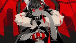 Rule 34 | 1girl, animal ear fluff, animal ears, barbed wire, black cloak, black hair, chain, cloak, collar, commentary, crown, elbow rest, english commentary, fang, fur collar, hand up, hololive, king (vocaloid), limited palette, long hair, looking at viewer, ookami mio, red eyes, red hair, slit pupils, solo, teeth, throne, unworn crown, virtual youtuber, vocaloid, wolf ears, yasume yukito