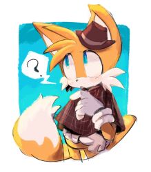Rule 34 | 1boy, ?, blue eyes, blush stickers, detective, fox boy, furry, furry male, gloves, hat, highres, male focus, open mouth, solo, sonic (series), spoken question mark, tail, tails (sonic), the murder of sonic the hedgehog, usa37107692, white gloves