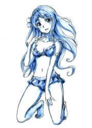 Rule 34 | 10s, 1girl, aoi akira, barefoot, bikini, derivative work, full body, gata2013, hair ornament, highres, kneeling, long hair, looking at viewer, monochrome, navel, selector wixoss, simple background, sketch, smile, solo, swimsuit, traditional media, white background, wixoss