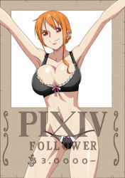 Rule 34 | 1girl, anime coloring, armpits, arms up, bare arms, bare shoulders, black bra, black panties, bow, bow bra, bow panties, bra, braid, breasts, cleavage, closed mouth, commentary request, cowboy shot, curvy, earrings, english text, frilled bra, frills, gluteal fold, groin, hair up, highres, hip bones, jewelry, kyabakurabakufu, large breasts, looking at viewer, milestone celebration, nami (one piece), navel, one piece, orange eyes, orange hair, panties, pixiv, short hair, sidelocks, smile, solo, standing, stomach, sweat, thighs, underwear, underwear only, v-shaped eyebrows, wanted