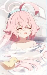 Rule 34 | 1girl, ahoge, artist name, bathroom, bathtub, blue archive, closed eyes, halo, highres, hoshino (blue archive), liyom, long hair, partially submerged, pink hair, rubber duck, towel, towel on head, water, wet