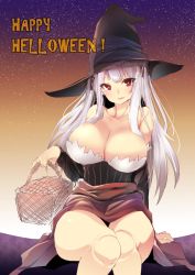 Rule 34 | 1girl, bare shoulders, basket, breasts, cleavage, cosplay, dragon&#039;s crown, halloween, hat, highres, large breasts, long hair, looking at viewer, md5 mismatch, red eyes, rozen maiden, sash, silver hair, sitting, smile, solo, sorceress (dragon&#039;s crown), sorceress (dragon&#039;s crown) (cosplay), suigintou, thighs, tousen, typo, witch hat