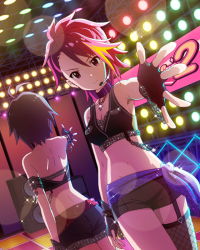 Rule 34 | 10s, 2girls, ass, asymmetrical clothes, black hair, choker, fingerless gloves, gloves, headset, idolmaster, idolmaster (classic), idolmaster million live!, jewelry, kikuchi makoto, lens flare, looking at viewer, maihama ayumu, midriff, multicolored hair, multiple girls, necklace, official art, outstretched hand, pink eyes, pink hair, stage, stage lights, streaked hair